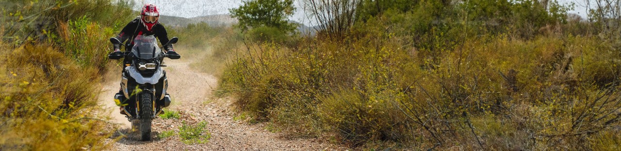 BMW S 1000 XR riding on Dunlop Mutant tyres with mountains in the background