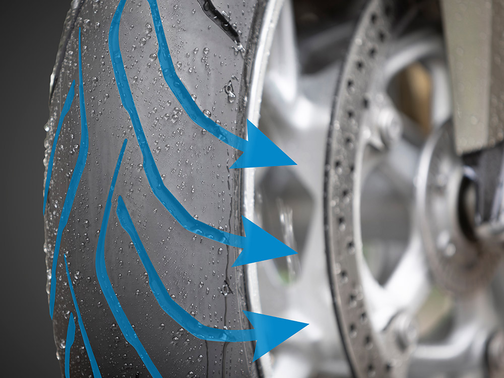 Κοντινό πλάνο του μπροστινού ελαστικού Dunlop RoadSmart IV που δείχνει την εκκένωση νερού