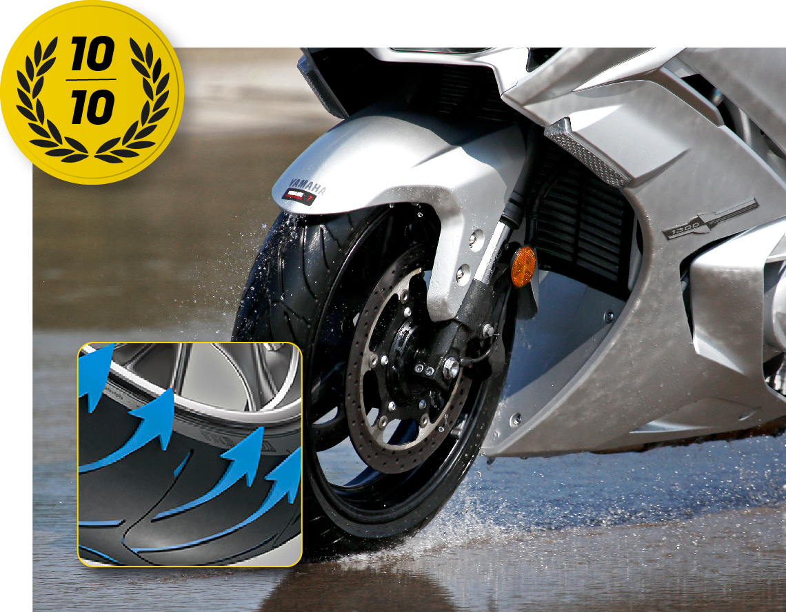 Pneu RoadSmart III da Dunlop numa Yamaha FJR1300 – classificação máxima (10/10) em manobrabilidade em piso molhado